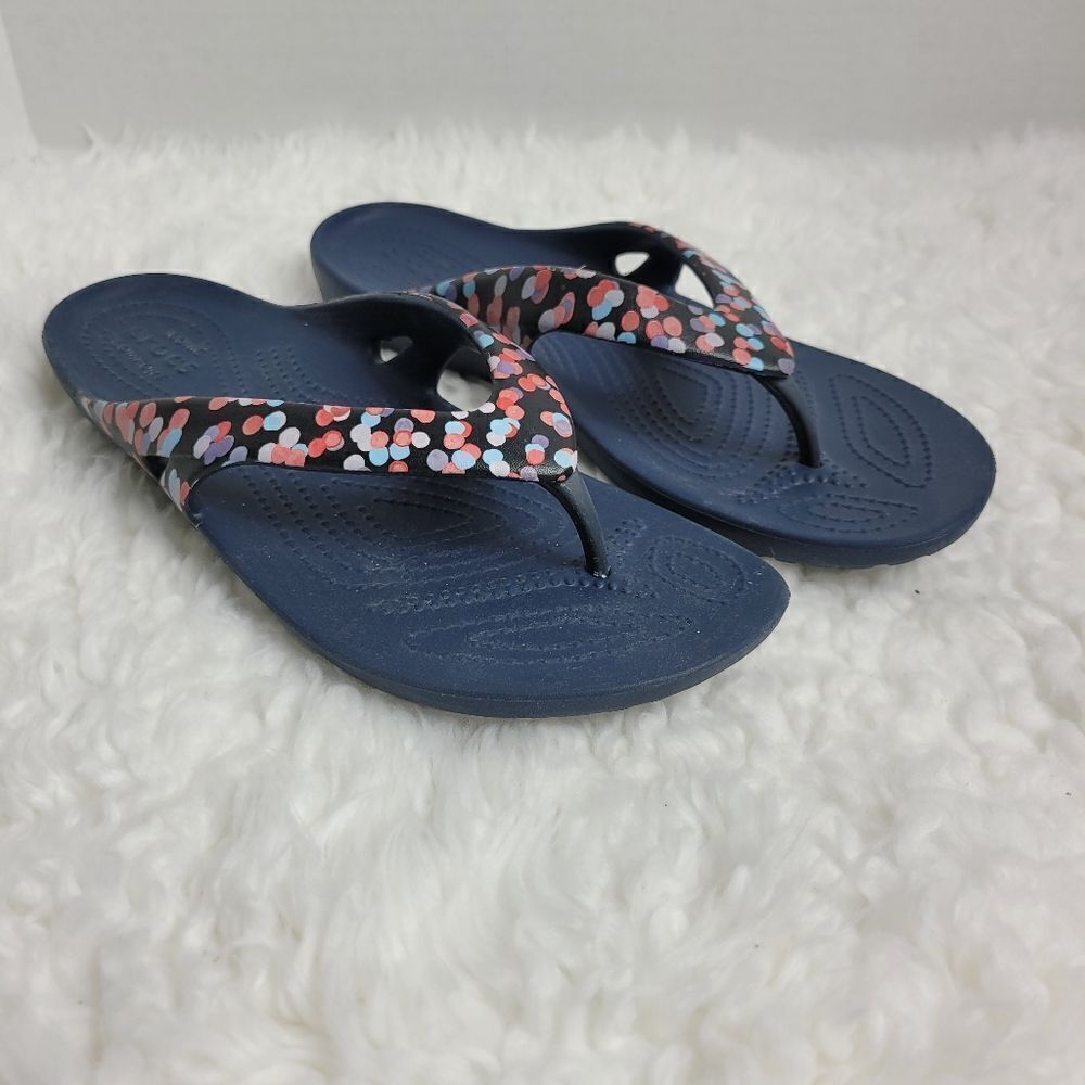 CROCS Kadee II Women's Sandals Size 9 Blue Polka Dot Graphic Thong Flip Flops